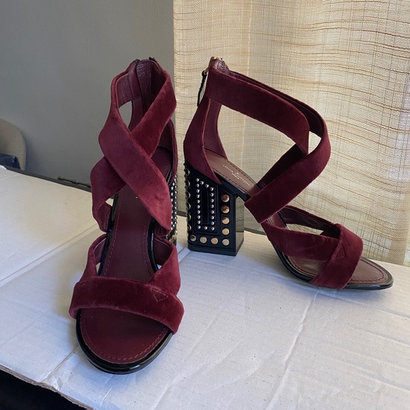 Louis Vuitton burgundy leather 36.5-6 Bordeaux Velvet studs heels sandals mules - Picture 1 of 9